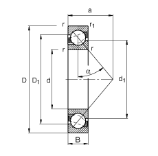 角接觸球軸承 7301-B-JP, 根據 DIN 628-1 標準的主要尺寸，接觸角 α = 40°